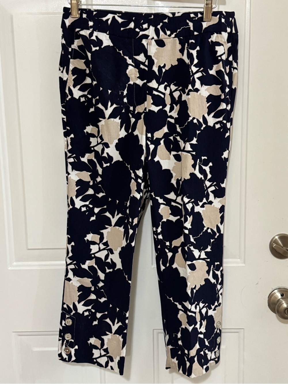 Rafaella Navy and Cream Floral Cropped Wide-Leg Pants
